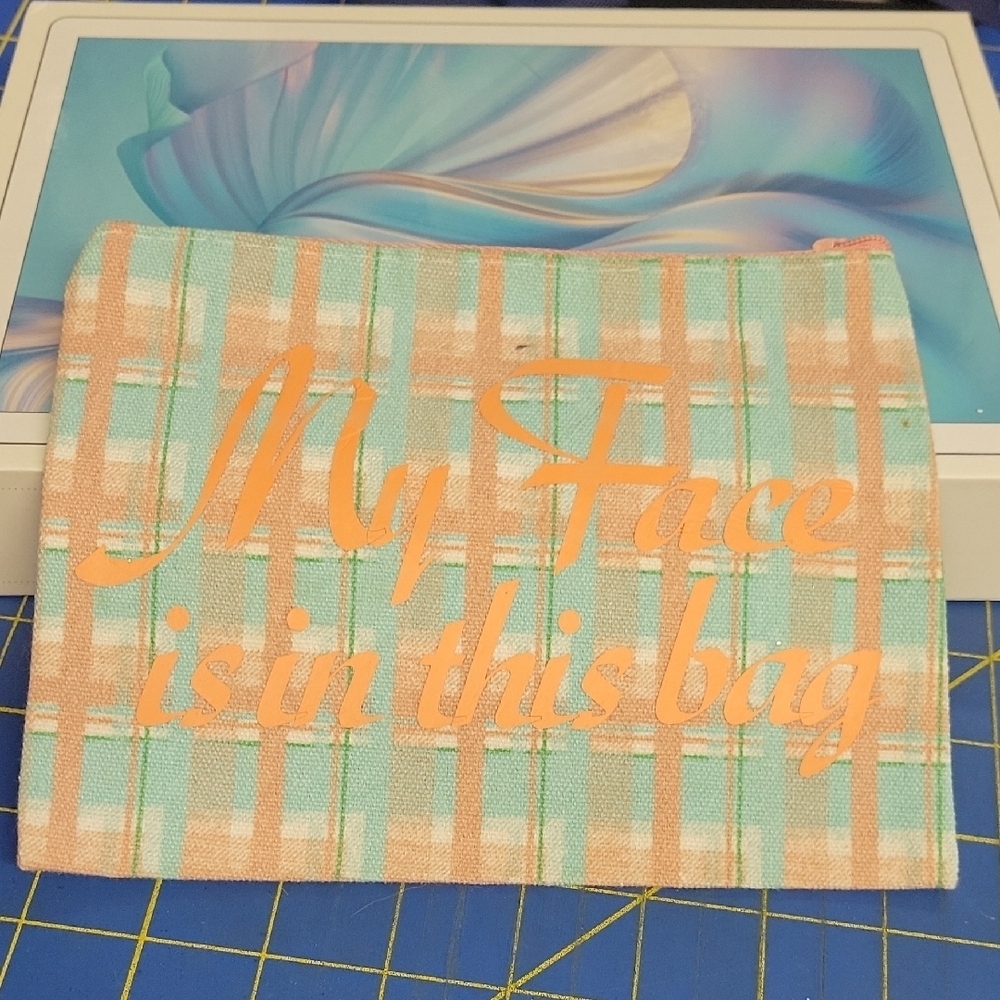 My Face is in this Bag Plaid Cosmetic Bag Peach Text
